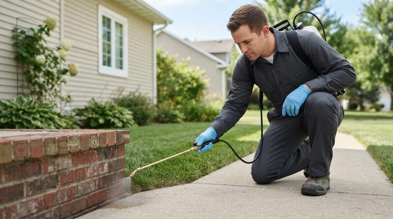 Pest control technician treating a home near Patriot, IN