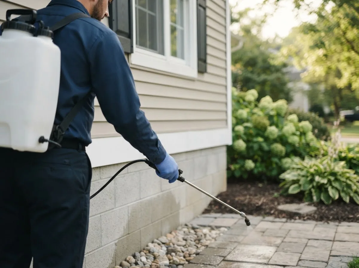 Pest control technician inspecting a home in Patriot, IN